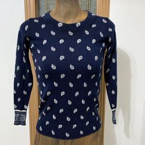 J. Crew Merino Wool Tippi Sweater Size XXS Navy Blue Paisley